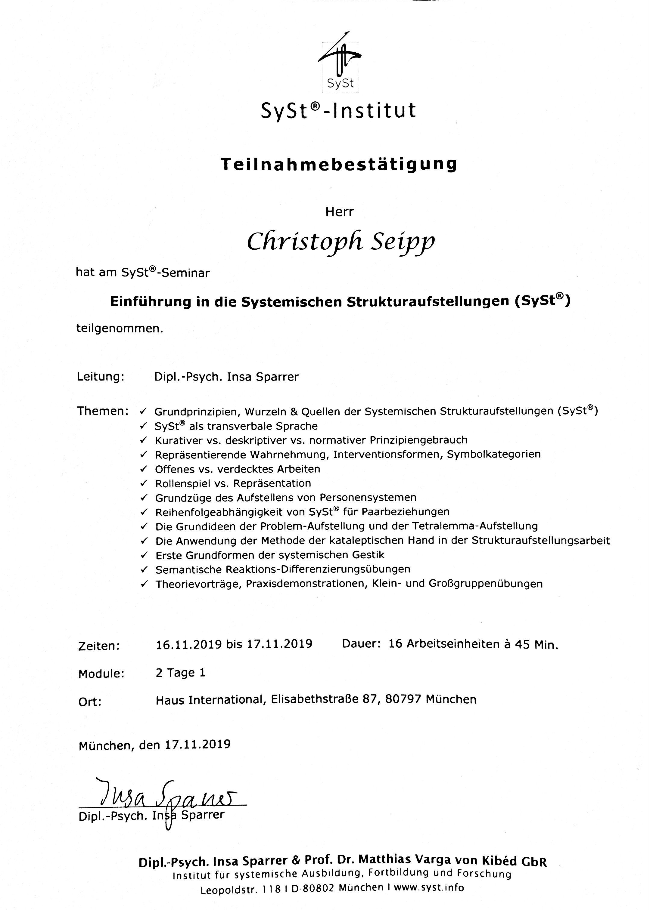 Christoph Seipp Zertifikat Matthias Varga von Kibéd und Insa Sparrer, SySt Institut